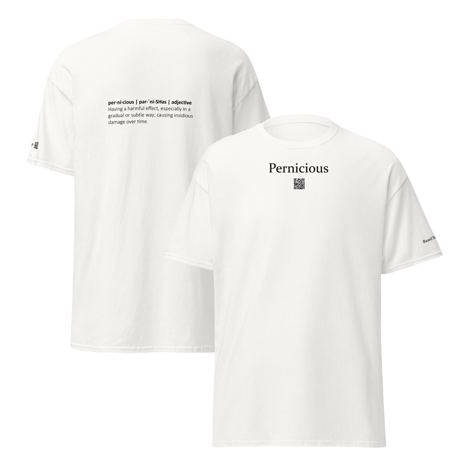 Pernicious vocabulary definition t-shirt — word on front, dictionary definition on back. Based Badge.
